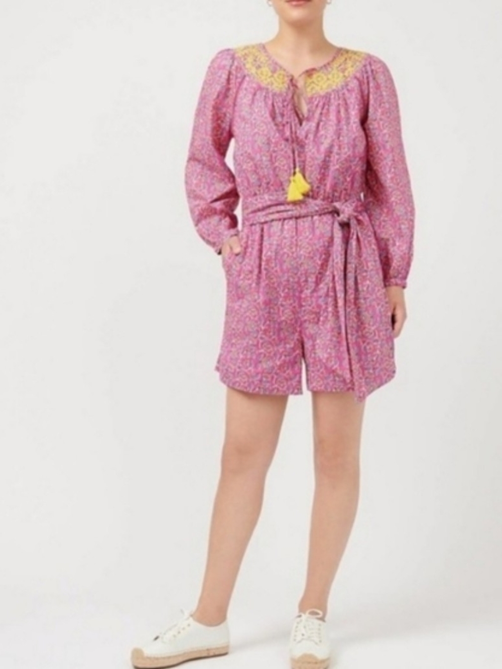 J. Crew Pink Tie-Waist Romper with Yellow Tassels